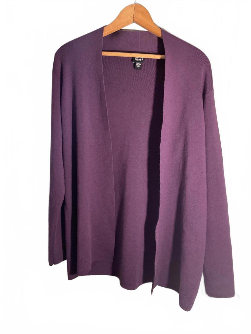 Eileen Fisher Purple Open Front Merino Wool Cardigan Sweater - Women's Large - Picture 1 of 8